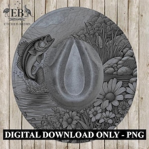 May include: Gray fedora hat with etched design featuring a leaping fish, water, and floral elements. The hat's brim displays a detailed nature scene. The text "DIGITAL DOWNLOAD ONLY - PNG" is at the bottom.