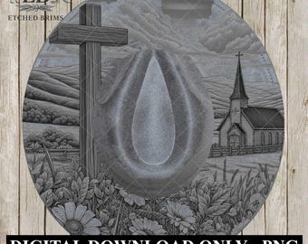 Landsbygdskyrka och vildblommor, hattbränningsdesign, religiös tro, digital nedladdning PNG, lasergraveringsdesign, hattfil med bred brätte, EB659