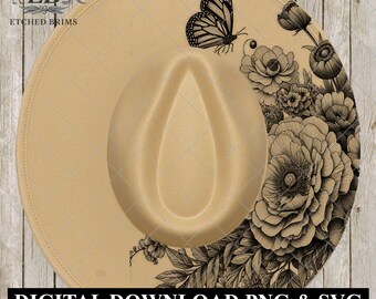 Bloemen vlinder halve hoed brandend ontwerp, gravure sjabloon, laserhoed ontwerp, brede rand hoed, stencil voor hoed branden SVG en png, EB1000
