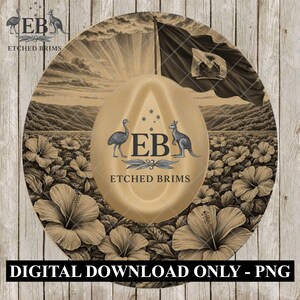 May include: A sepia-toned digital download featuring an Australian-themed design. The image includes a hat with an emu and kangaroo, a flag, and the text "ETCHED BRIMS". The background showcases a landscape with flowers and mountains. The text "DIGITAL DOWNLOAD ONLY - PNG" is at the bottom.