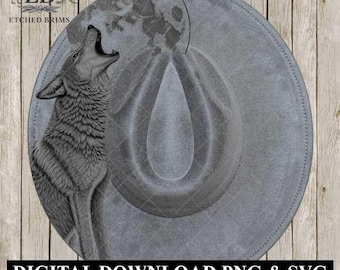 Può includere: Un cappello da cowboy grigio con un'illustrazione dettagliata di un lupo che ulula sotto la luna piena. Il cappello ha un bordo cucito e una corona a forma di goccia. Il testo "DIGITAL DOWNLOAD PNG & SVG" è in basso.