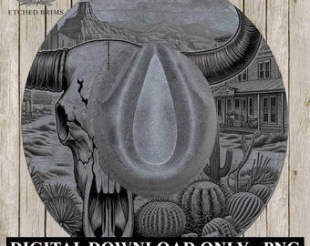 Cráneo de cuernos largos Western 4, plantilla PNG de ala occidental, diseño de quemado láser digital para sombreros de ala ancha de gamuza sintética, archivo de quemado láser para sombreros EB198