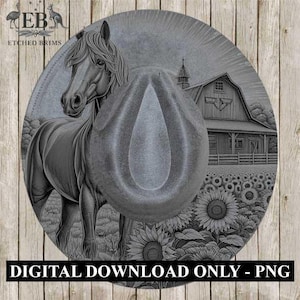Horse & Sunflowers 1, Farm Horse Design, Laser Hat Burning Design, Digital Download PNG, Hat Burning Template, Wide Brim Hat File, EB183