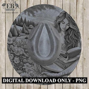 Woman Reading 1, Flowers, Hat Engraving Template, Digital Laser Burn Design, Wide Brim Faux Suede Hats, BOHO, Laser Hat Burning File EB330