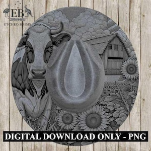 Hat Burning Design, Cow 3, Sunflowers, Digital File, PNG, Hat Burning Template, Cowgirl Hat, Laser Engraving, Wide Brim Hat Design, EB379