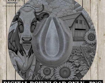 Hat Burning Design, Cow and Sunflowers, Digital Laser File, PNG, PDF Stencil, EB379