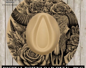 Cráneo de cuernos largos y rosas, diseño de quema de sombreros, diseño digital de quema láser para sombreros de ala ancha de gamuza sintética, archivo de grabado láser EB1077