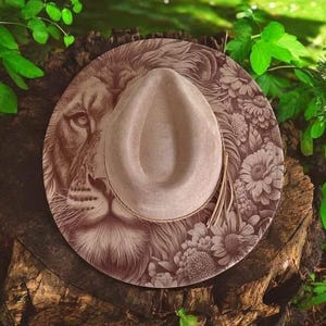 Lion & Blooms - Engraved Lion and Floral Wide Brim Hat, Vegan Suede Fedora Hat, Laser Engraved, Cowboy Hat, Burned Fedora