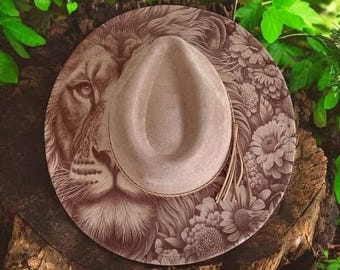 Lion & Blooms - Engraved Lion and Floral Wide Brim Hat, Vegan Suede Fedora Hat, Laser Engraved, Cowboy Hat, Burned Fedora