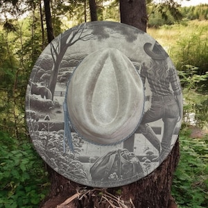 Wanderers View - Laser Engraved Cow Girl Hat with Horse Scene, Wide Brim Hat, Vegan Suede Fedora Hat, Laser Engraved, Burned Fedora