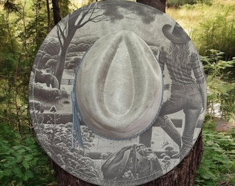 Wanderers View - Laser Engraved Cow Girl Hat with Horse Scene, Wide Brim Hat, Vegan Suede Fedora Hat, Laser Engraved, Burned Fedora