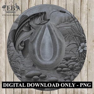 May include: Gray cowboy hat with a detailed engraved design featuring a largemouth bass leaping from water, fishing rod, and aquatic plants. The hat has the text "DIGITAL DOWNLOAD ONLY - PNG".