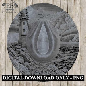 May include: A grayscale digital art print of a hat featuring a lighthouse, ocean, and coastal landscape. The hat's design includes a detailed illustration of a lighthouse, waves, and birds. The text "DIGITAL DOWNLOAD ONLY - PNG" is at the bottom.