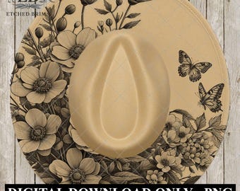 Hat Burning Design, Flowers Curve 5 and Butterflies, Wide Brim Hat Design, Laser Hat Template, Boho Cowboy Style, Laser File, EB666