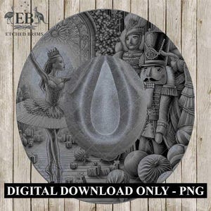 Puede incluir: Descarga digital en escala de grises con una bailarina, un cascanueces y adornos navideños. La imagen incluye el texto "DIGITAL DOWNLOAD ONLY - PNG" en la parte inferior. El diseño es circular y sobre un fondo de madera.