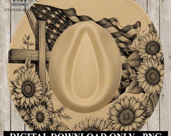 Brinnande design med kors och amerikansk flagga, hatt med solrosor, lasergraverad handgraverad fedora med bred brätte, PNG PDF, EB889