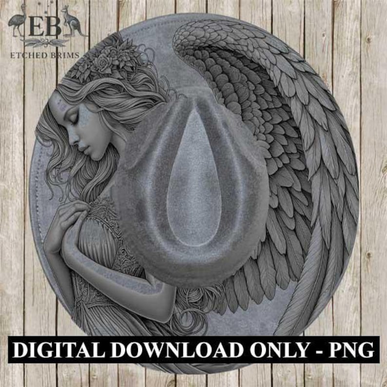 May include: A gray fedora hat with an angel wing design. The hat features a detailed illustration of a woman with long hair and a floral crown. The text "DIGITAL DOWNLOAD ONLY - PNG" is at the bottom.