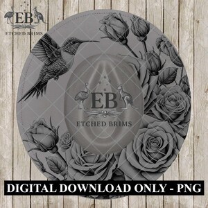 May include: A gray digital download design featuring a hummingbird, roses, and the text "ETCHED BRIMS". The design also includes an emu and kangaroo. The text "DIGITAL DOWNLOAD ONLY - PNG" is at the bottom.