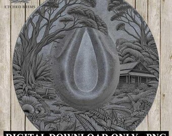 Peut inclure: Un chapeau fedora gris avec un motif gravé détaillé d'une scène de forêt, comprenant des arbres, une cabane et du feuillage. Le chapeau porte le texte "ETCHED BRIMS" et "DIGITAL DOWNLOAD ONLY - PNG".