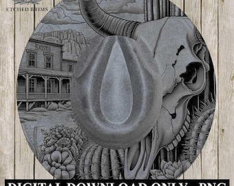 Cráneo de cuernos largos Western 7, plantilla PNG de ala ancha, diseño de grabado láser digital para sombreros de ala ancha de gamuza sintética, archivo de grabado láser para sombreros EB200