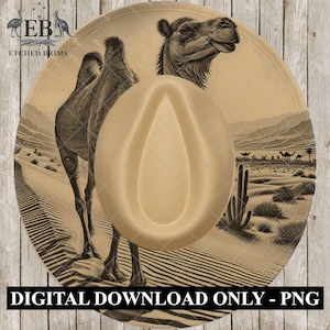 May include: A tan fedora hat with a desert scene graphic featuring camels and cacti. The hat is overlaid on a circular background with a detailed illustration of a camel. Text on the hat reads "DIGITAL DOWNLOAD ONLY - PNG".