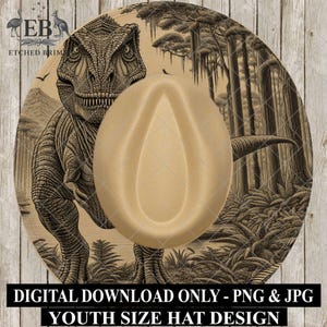 May include: A tan youth-sized hat with a dinosaur graphic. The hat features a detailed illustration of a Tyrannosaurus Rex on a background of a prehistoric forest. The text "DIGITAL DOWNLOAD ONLY - PNG & JPG YOUTH SIZE HAT DESIGN" is at the bottom.