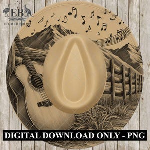 May include: A beige cowboy hat with a detailed illustration of a guitar, mountains, musical notes, and a wooden fence. The hat's brim features a landscape design. The text "DIGITAL DOWNLOAD ONLY - PNG" is at the bottom.