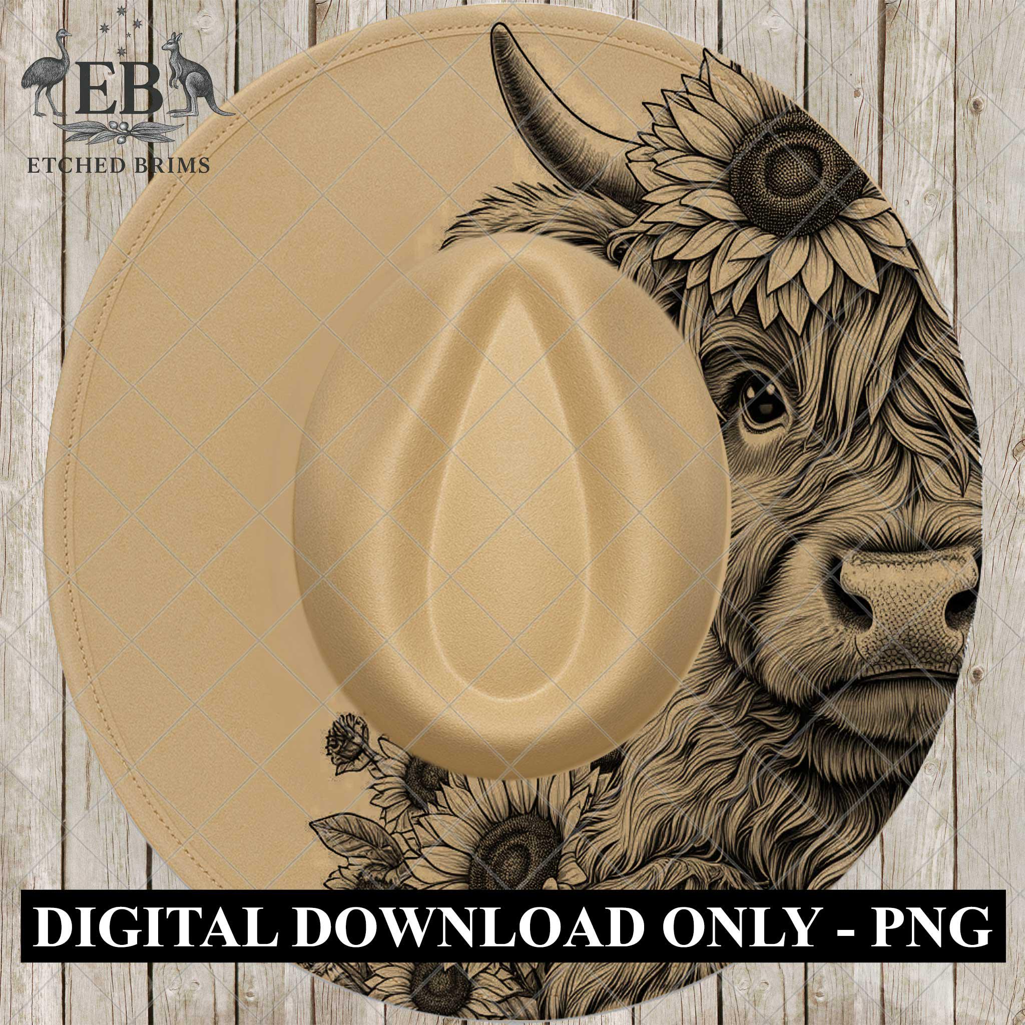 Hat Engraving Design: Highland Cow and Sunflowers - Wide Brim