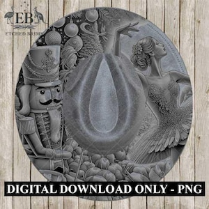 Puede incluir: Descarga digital en escala de grises con una ilustración detallada. El diseño incluye un cascanueces, una bailarina y adornos navideños. El texto "DIGITAL DOWNLOAD ONLY - PNG" está en la parte inferior. La imagen tiene un fondo de vetas de madera.