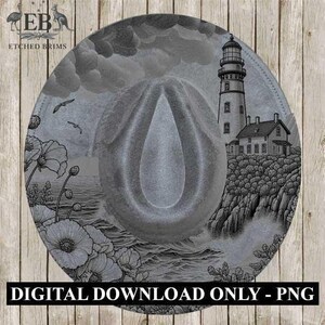 May include: A digitally drawn, grayscale image of a hat with a coastal scene. The hat features a lighthouse, ocean waves, and floral elements. The text "DIGITAL DOWNLOAD ONLY - PNG" is at the bottom. The brand logo "EB ETCHED BRIMS" is at the top left.