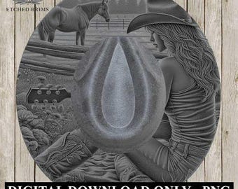 Cowgirl & Guitar 1, Laser Hat Burning Design, Digital Download PNG, Hat Burning Template, Hat Laser Engraving Design Wide Brim Hat File EB70