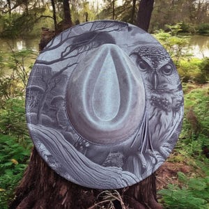 Watcher of the Woods - Owl Engraved Wide Brim Hat, Vegan Suede Fedora Hat, Laser Engraved, Cowboy Hat, Burned Fedora, Owl Design