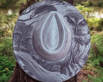 Watcher of the Woods - Owl Engraved Wide Brim Hat, Vegan Suede Fedora Hat, Laser Engraved, Cowboy Hat, Burned Fedora, Owl Design