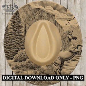 May include: Tan cowboy hat with a detailed sepia-toned illustration of a horse rearing up, mountains, trees, and birds. The text "DIGITAL DOWNLOAD ONLY - PNG" is at the bottom. The hat has a classic teardrop crown.