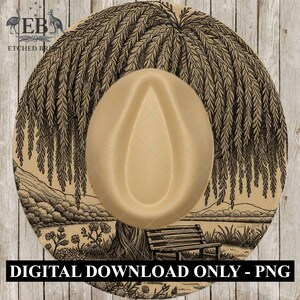 May include: A tan fedora hat with a teardrop crown sits atop a circular design featuring a black and white landscape scene with a weeping willow tree, bench, and the text "DIGITAL DOWNLOAD ONLY - PNG".