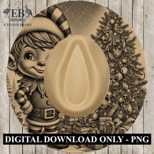 May include: A beige cowboy hat with a festive Christmas design. The hat showcases a cartoon elf, a decorated Christmas tree, and wrapped presents. The text "DIGITAL DOWNLOAD ONLY - PNG" is at the bottom.