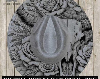 Longhorn Skull and Roses – Western Brim PNG Template – Digital Laser Burn Design for Wide Brim Faux Suede Hats - Laser Hat Burning File EB16