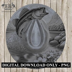 May include: A gray cowboy hat design featuring a detailed illustration of a largemouth bass leaping out of water. The hat's brim showcases a scenic background with mountains, water, and flowers. The text "ETCHED BRIMS" and "DIGITAL DOWNLOAD ONLY - PNG" are visible.