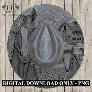 Design de chapéu queimado, Cavalo e Potro 2, Design de fazenda, Modelo de chapéu queimado, Chapéu de cowgirl, Estêncil de chapéu queimado, Design de chapéu de aba larga, EB441