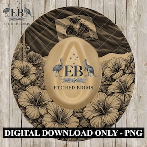 May include: A sepia-toned digital design featuring a hat shape with an Australian flag and floral elements. The hat's center displays an emu and kangaroo with the text "EB ETCHED BRIMS". The design is surrounded by hibiscus flowers and the text "DIGITAL DOWNLOAD ONLY - PNG".