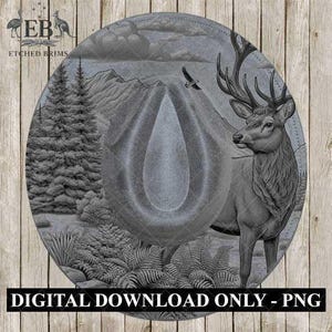 May include: Grayscale digital art print depicting a deer with antlers, a cowboy hat, and a mountain scene. The image includes the text "DIGITAL DOWNLOAD ONLY - PNG". The artwork is circular in shape.