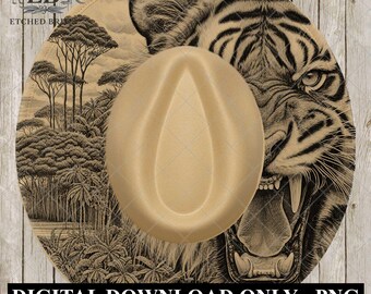May include: A tan fedora hat with a detailed illustration of a roaring tiger and a jungle scene. The hat has a classic teardrop crown and a wide brim. The text "DIGITAL DOWNLOAD ONLY - PNG" is at the bottom.