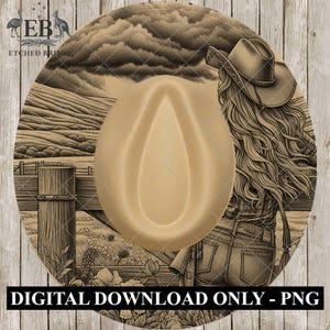 May include: A tan cowboy hat with a detailed sepia-toned illustration of a woman in a cowboy hat, standing in a field. The image has a rustic, vintage aesthetic. The text "DIGITAL DOWNLOAD ONLY - PNG" is at the bottom.