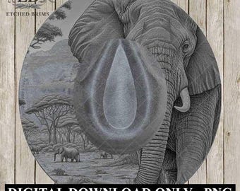 May include: A gray fedora hat with an elephant design. The hat is set against a backdrop of an African savanna scene with trees and elephants. The text "DIGITAL DOWNLOAD ONLY - PNG" is at the bottom.