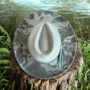 The Bushman’s Retreat - Engraved Fishing Camping Scene Wide Brim Hat, Vegan Suede Fedora Hat, Laser Engraved, Cowboy Hat, Burned Fedora