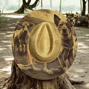 The Drovers Mate – Laser Engraved Cattle Dog Brim Hat, Wide Brim Hat, Vegan Suede Fedora Hat, Laser Engraved, Cowboy Hat, Burned Fedora