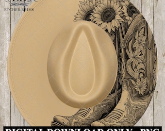 Cowgirlstövlar och solrosor, hattbränningsdesign, lasergraveringsdesign med bred brätte, boho, mall för laserhattbränning, EB834