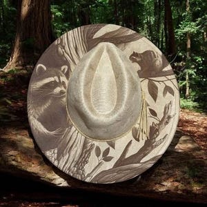 The Forager – Laser Engraved Raccoon Brim Hat, Wide Brim Hat, Vegan Suede Fedora Hat, Laser Engraved, Burned Fedora