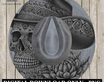 Teschio 3, cappello da cowboy, modello PNG con falda western a forma di cactus, design digitale con bruciatura laser per cappelli in finta pelle scamosciata a falda larga, file di masterizzazione laser per cappelli EB299