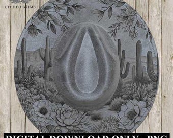 Design di cappello in fiamme, design di fiori di cactus del deserto occidentale 3, design di cappello a tesa larga, modello di cappello laser, stile cowboy boho, file laser EB285